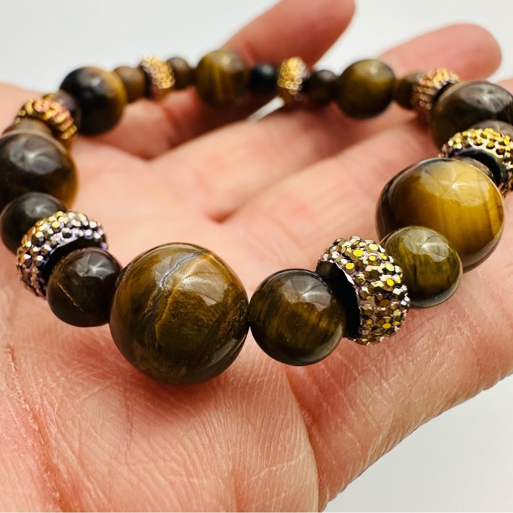 Genuine Tiger Eye Gemstone Bead Stretch Bracelet Fits Up To  7” Wrist